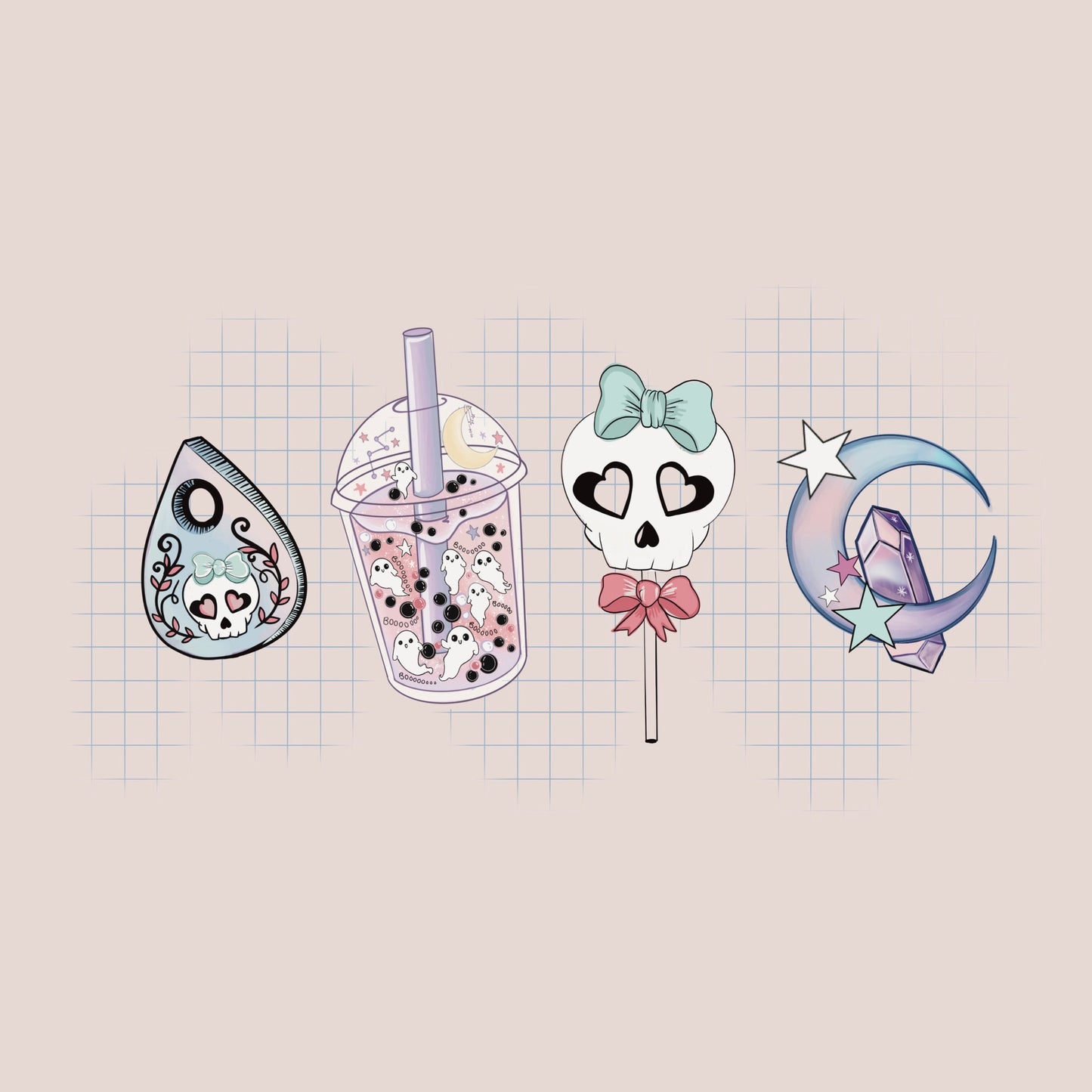 Pastel skull sticker pack//  Digital Art, Stickers, Witch, Illustration, crystal , Stationary, Magic , bullet journal.