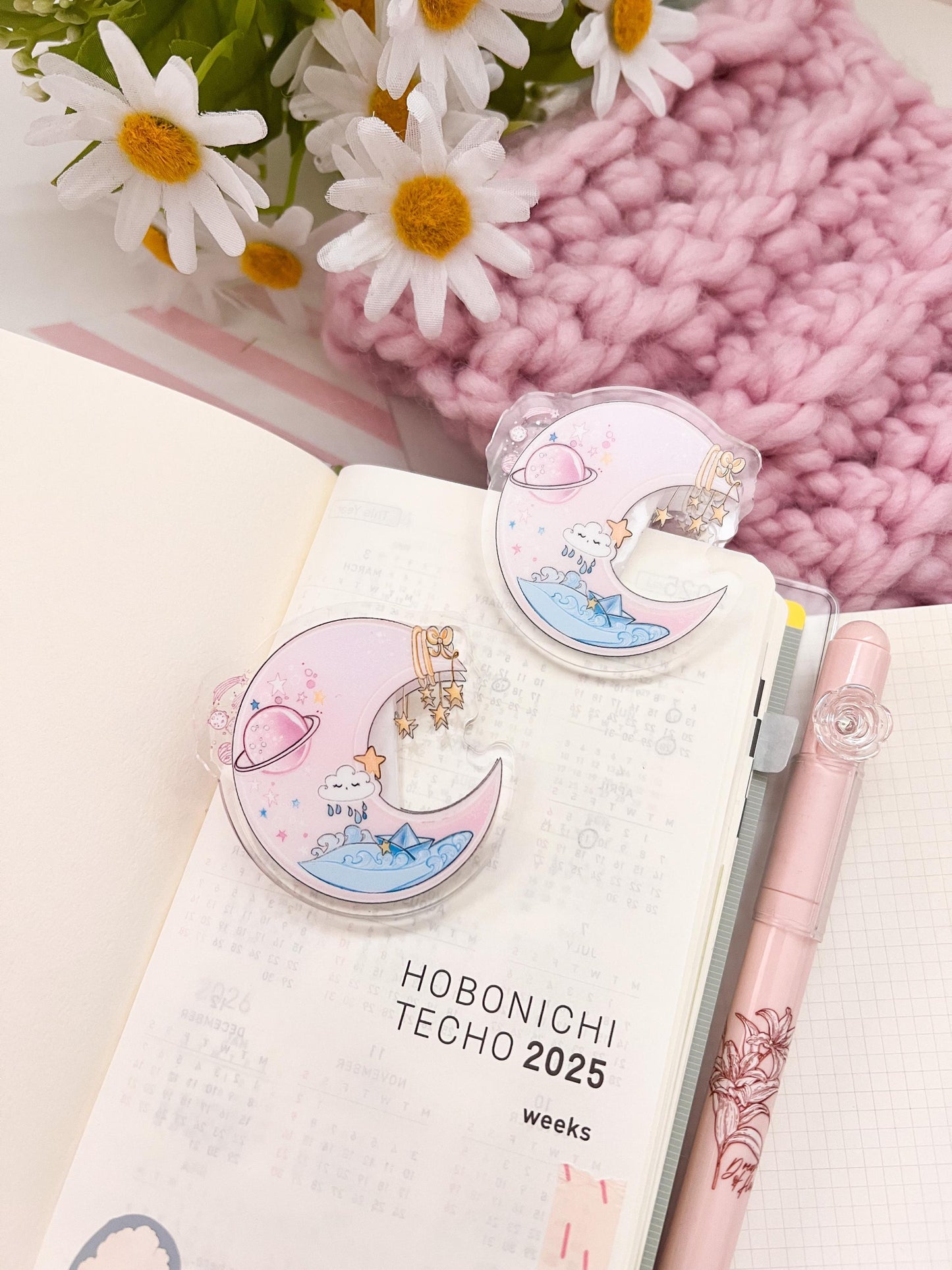 Moon and Stars Acrylic binder Clip | kawaii moon clear acrylic, binder clip, journal, paper, bookmark stationery, office, school.