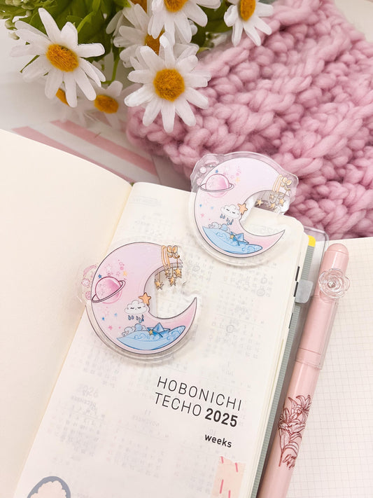 Moon and Stars Acrylic binder Clip | kawaii moon clear acrylic, binder clip, journal, paper, bookmark stationery, office, school.