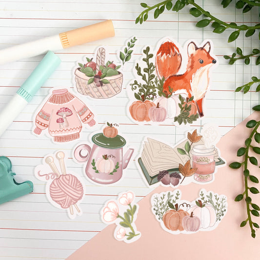 Cozy fox pumpkin sticker pack//  Digital Art, Stickers, Witch, Illustration, crystal , Stationary, Magic , bullet journal.