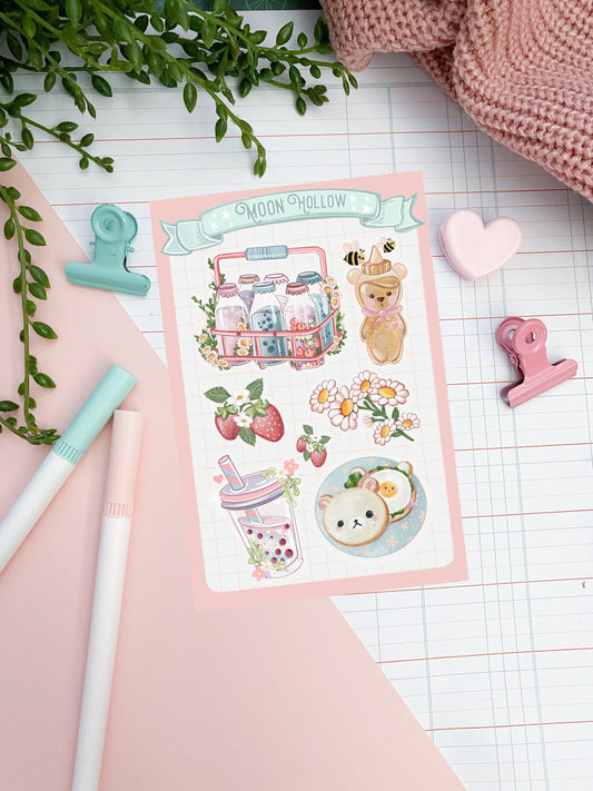 Breakfast aesthetic sticker sheet, Hand drawn, Stickers, honey bear Illustration, journaling, Stationary, Bujo, scrapbook bullet journal.
