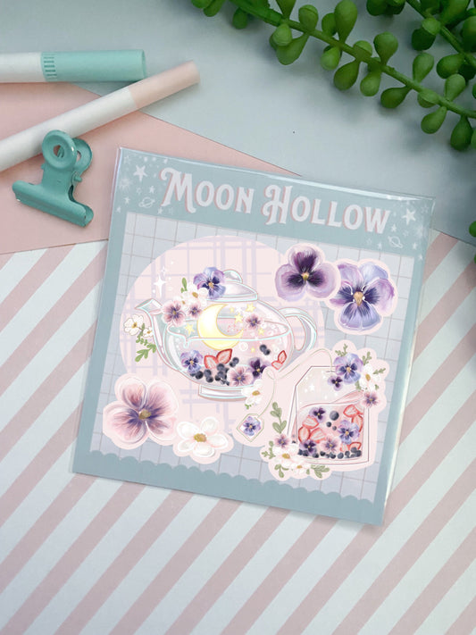 Blueberry Pansy Moon tea sticker pack , moon stickers, tea fruit sticker pack// Cottagecore stickers, Stationary, flowers , bullet journal.