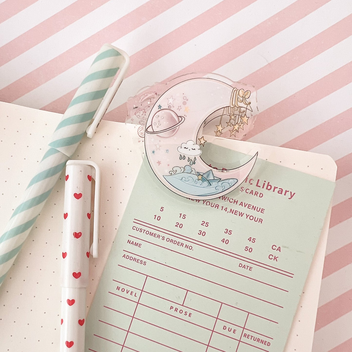 Moon and Stars Acrylic binder Clip | kawaii moon clear acrylic, binder clip, journal, paper, bookmark stationery, office, school.