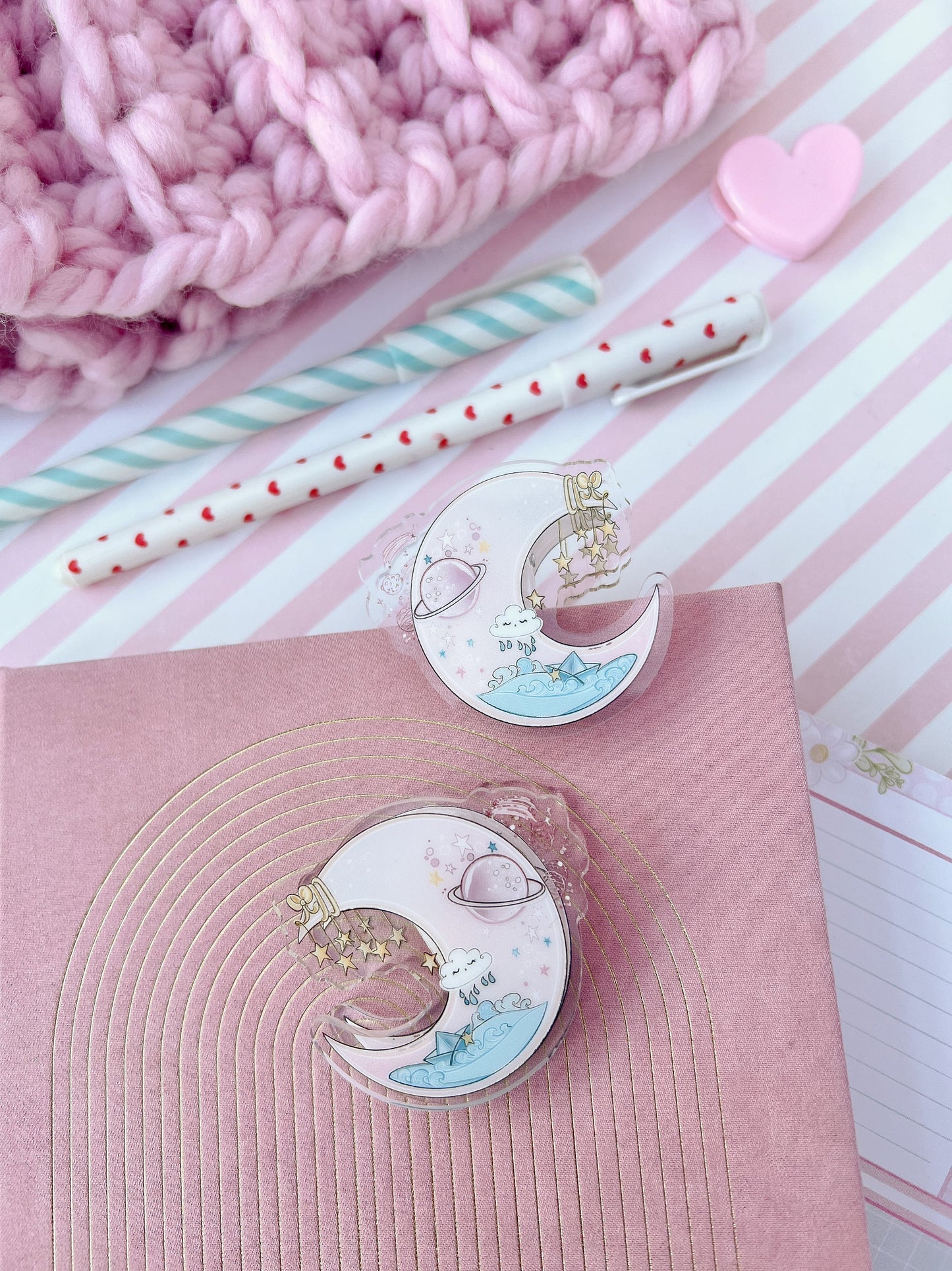 Moon and Stars Acrylic binder Clip | kawaii moon clear acrylic, binder clip, journal, paper, bookmark stationery, office, school.