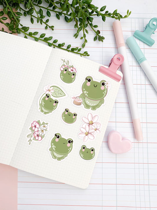 Cute froggy sticker bundle, cute frog stickers, journal planner stickers. Kawaii frog, bujo stickers, flower stickers. Planner stickers.