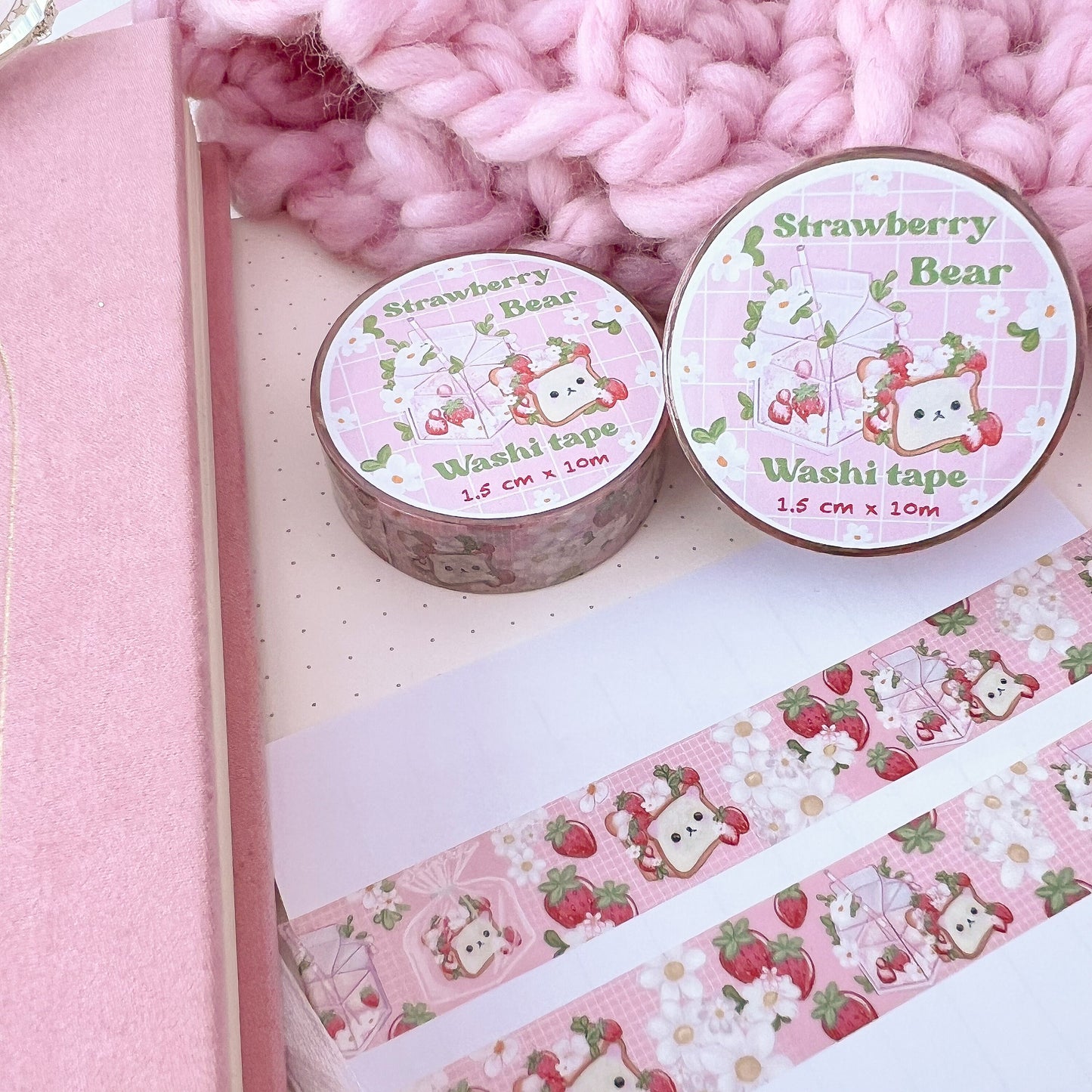 Strawberry bear juice Washi tape /  kawaii  pink juice Washi tape  / Cute kawaii gift stationery. Tape. Notes. Journal, bujo scrapbook.