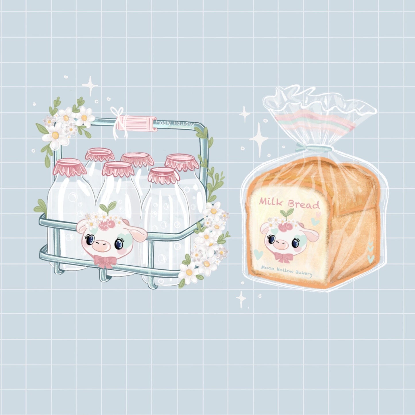 Kawaii bakery sticker pack, Cute cow, milk, bread. Japanese sandwich Digital Art, Stickers, Cute Illustration, Stationary bullet journal.