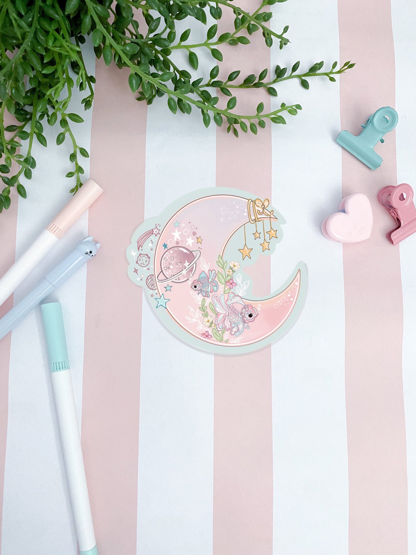 Ocean Moon cute die-cut sticker, laptop decals.