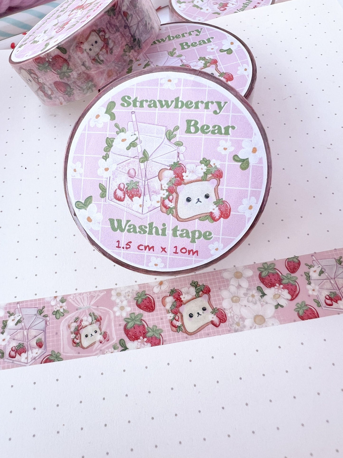 Strawberry bear juice Washi tape /  kawaii  pink juice Washi tape  / Cute kawaii gift stationery. Tape. Notes. Journal, bujo scrapbook.