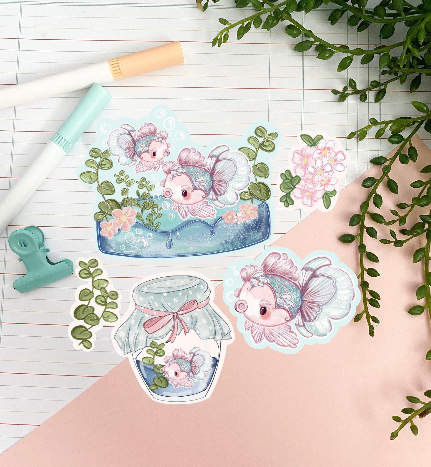 Goldfish kawaii Sticker pack. Cute journal decorations. Stickers for planners. Japanese inspired journaling. Adorable stationery supplies.