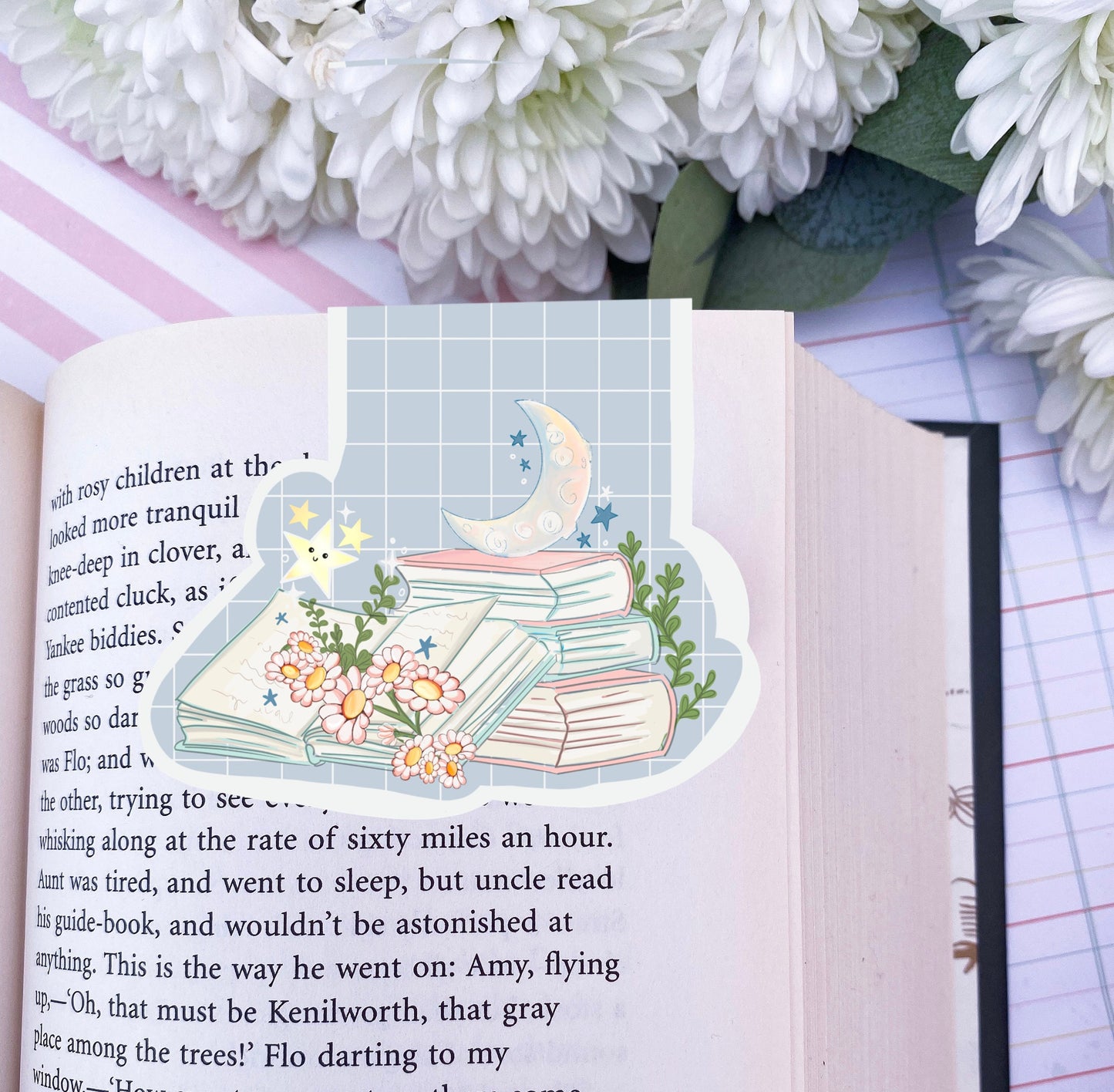 Book lover cute books magnetic bookmark / Luna reading bookmark / Digital art, books , reading kawaii cute bookish.