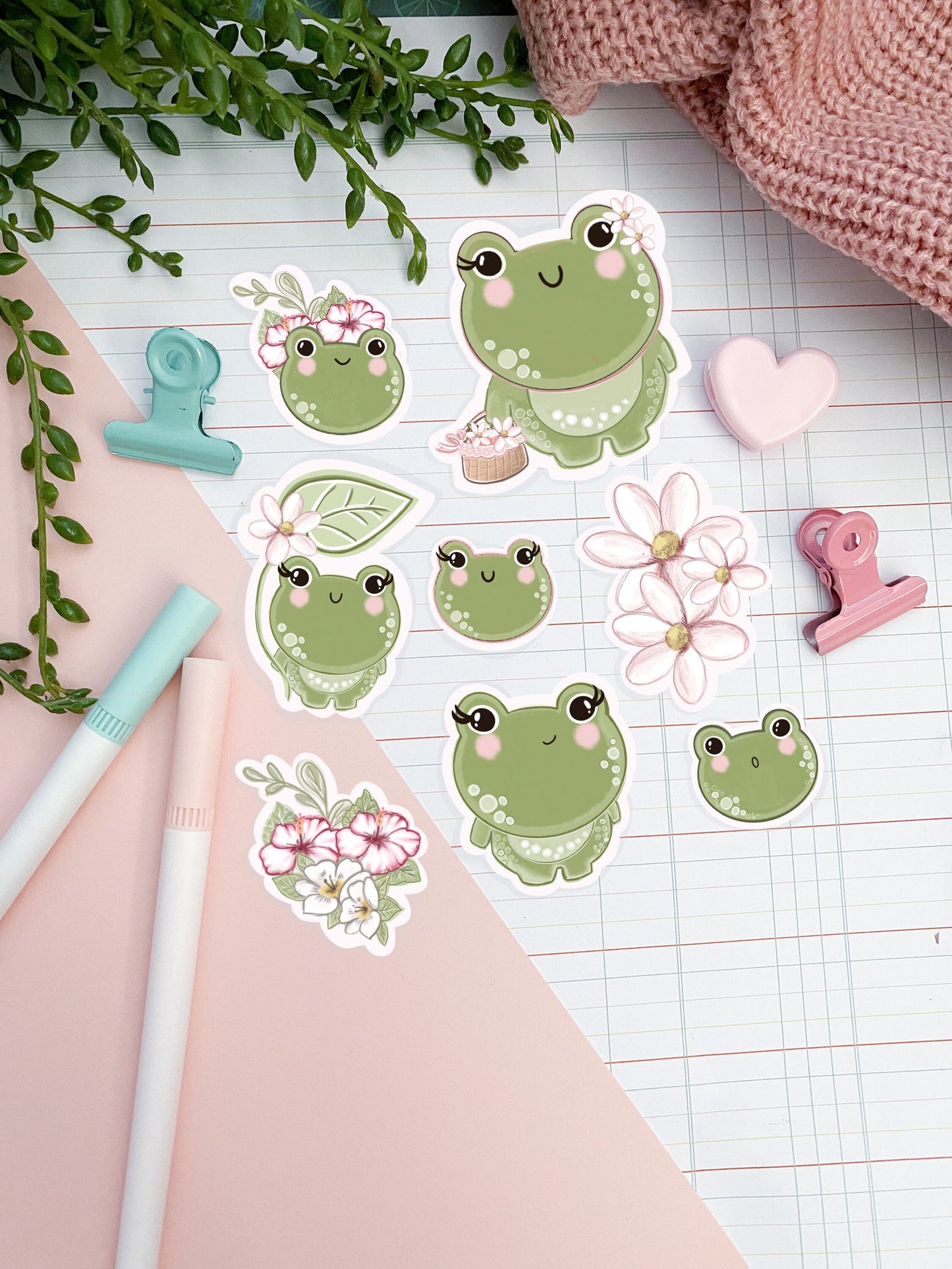 Cute froggy sticker bundle, cute frog stickers, journal planner stickers. Kawaii frog, bujo stickers, flower stickers. Planner stickers.