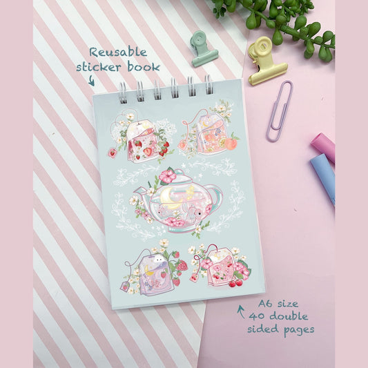 Reusable Sticker Book, Time for tea Reusable Sticker Album, 6x4 inch Sticker Book, Silicone Release Paper.