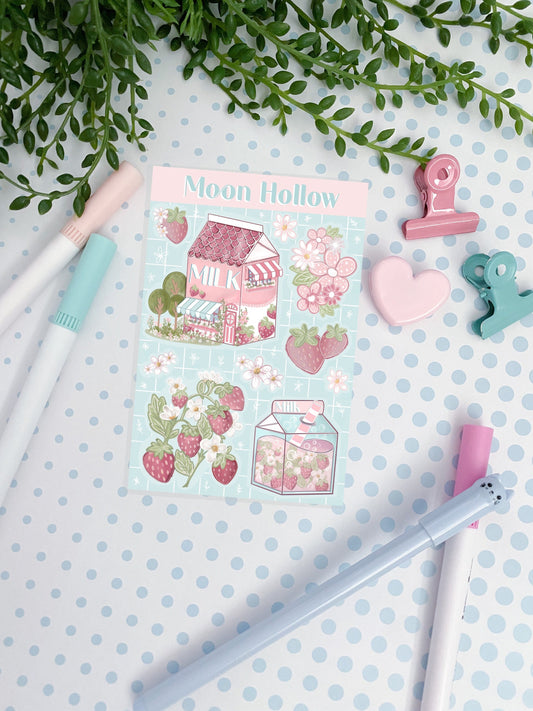 Milk carton cute cottagecore sticker sheet, Hand drawn, Stickers, Strawberry summer Illustration.