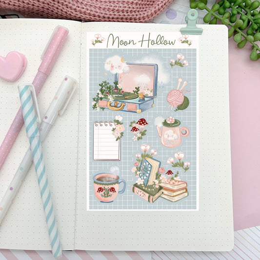 Cozy Booklover, music, knitting, cottagecore cozy bullet journal stickers. Reading stickers. Delicate stickers. Bookshelf decoration.