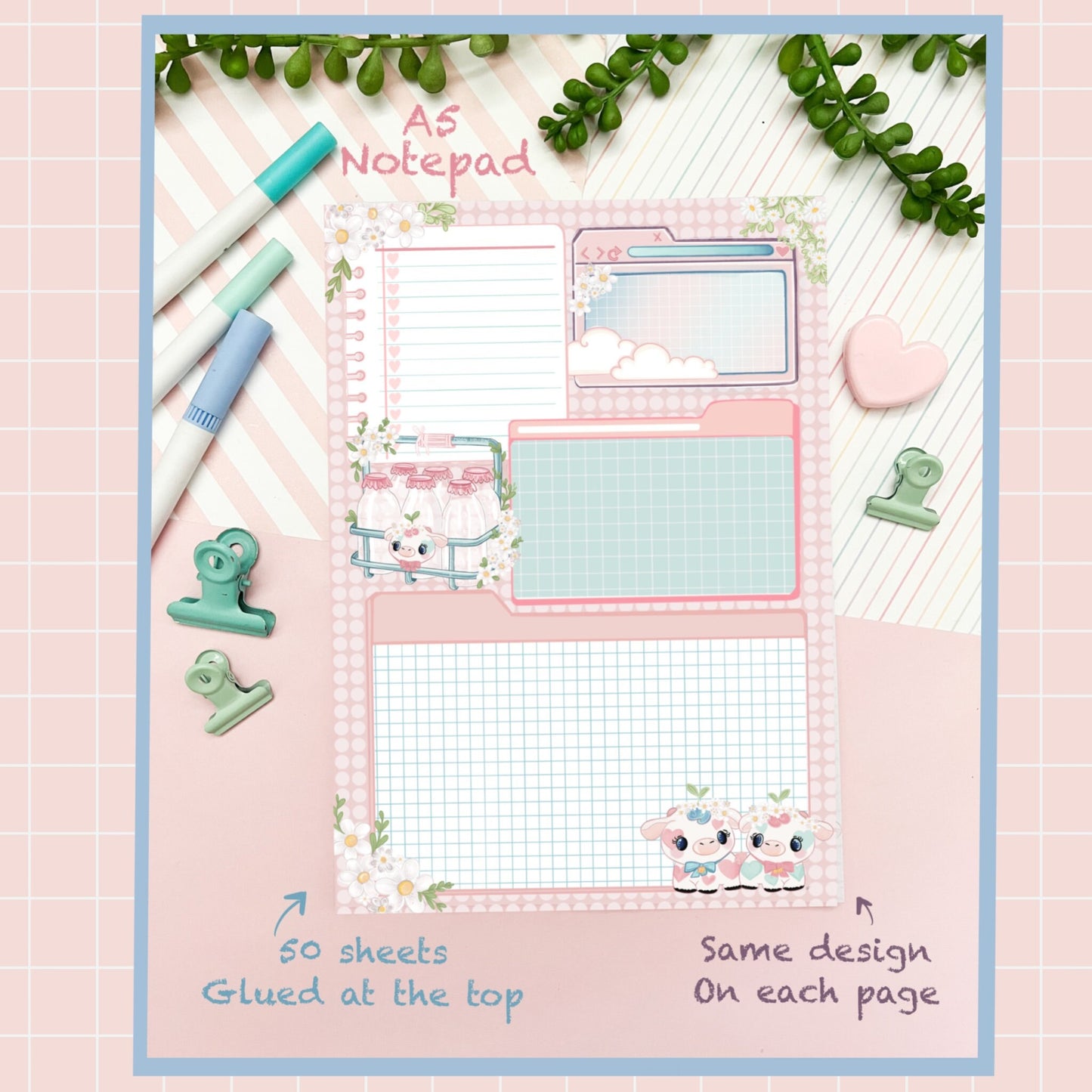 A5 kawaii Notepad . cute planner, notepad. Organisational planner, Memo pad. Notes. Journal, bujo. Organisational planner. Cute cow.