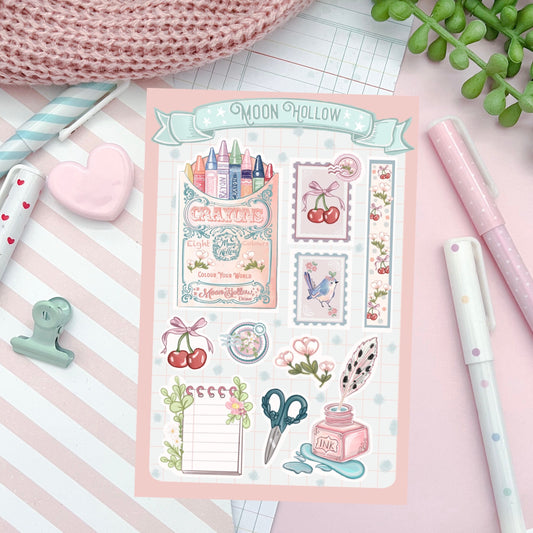Cute crayons Sticker sheet - stationery, artist cottagecore cozy bullet journal stickers. Crayons, art supplies journal. Delicate stickers.