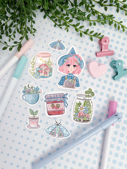 Cute Toadstool Witch Cottagecore Kawaii sticker pack. Digital Art, illustration. Stationary,bullet journal. Floral wildlife stickers. Bujo.