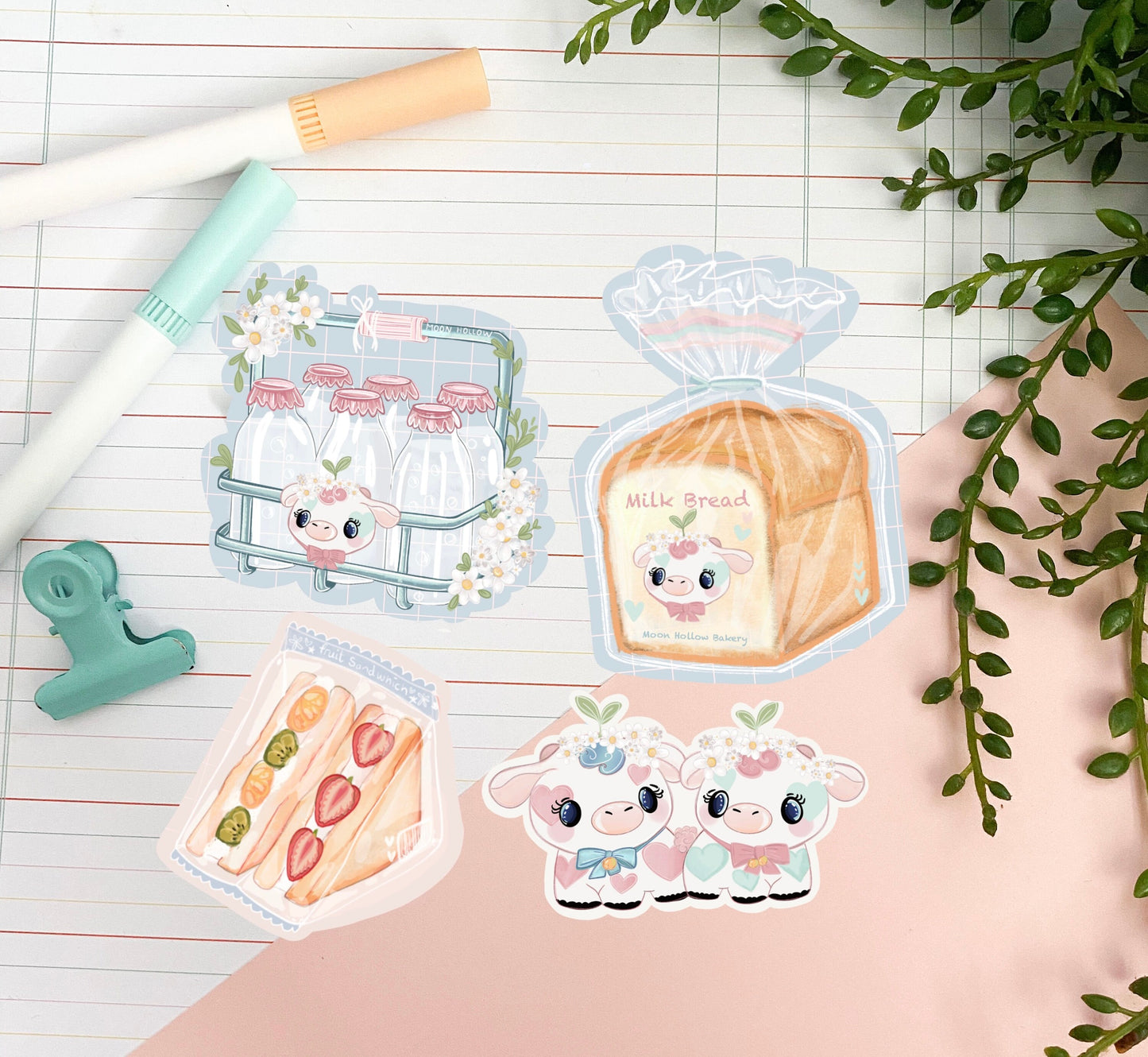 Kawaii bakery sticker pack, Cute cow, milk, bread. Japanese sandwich Digital Art, Stickers, Cute Illustration, Stationary bullet journal.