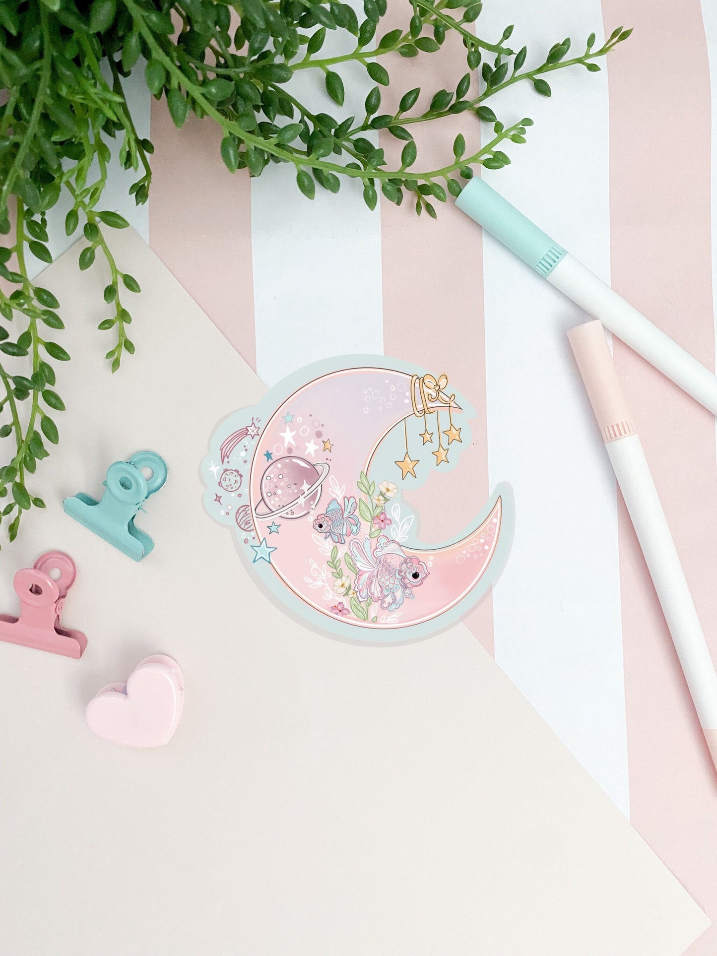 Ocean Moon cute die-cut sticker, laptop decals.