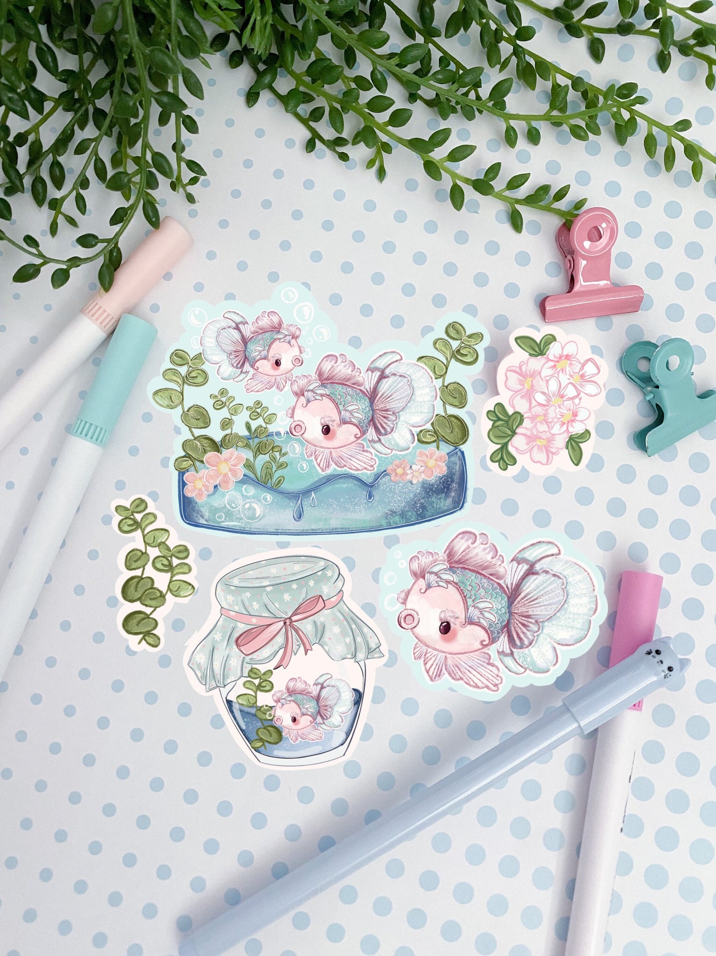 Goldfish kawaii Sticker pack. Cute journal decorations. Stickers for planners. Japanese inspired journaling. Adorable stationery supplies.