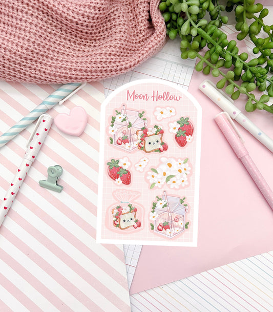 Strawberry bear cottagecore cozy aesthetic sticker sheet, Stickers Illustration, journaling, Stationary, Bujo, scrapbook bullet journal.