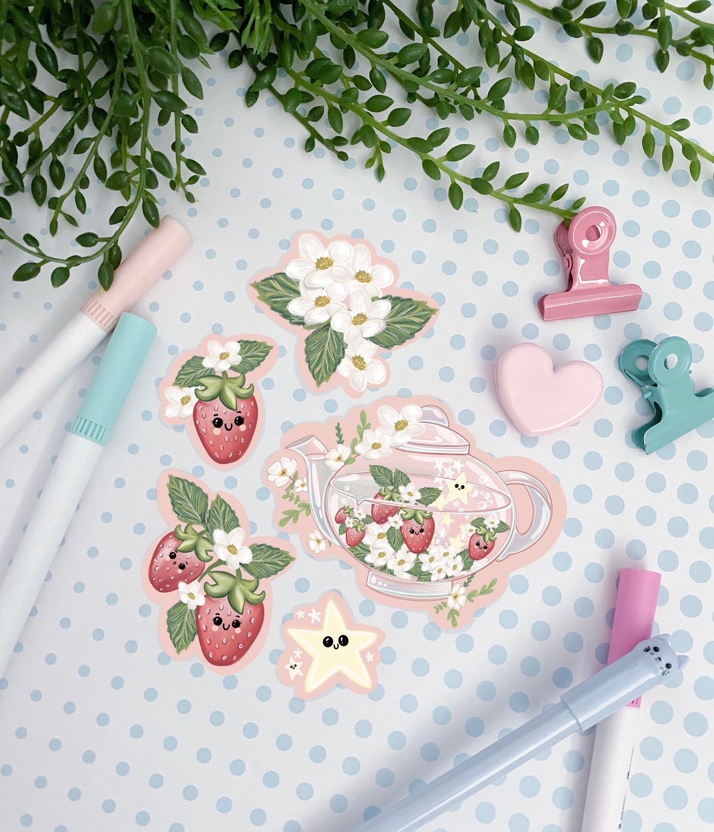 Kawaii cute strawberry tea sticker pack. Large sticker pack//  Digital Art, Stickers, Kawaii Illustration, Scrapbooking , bullet journal.