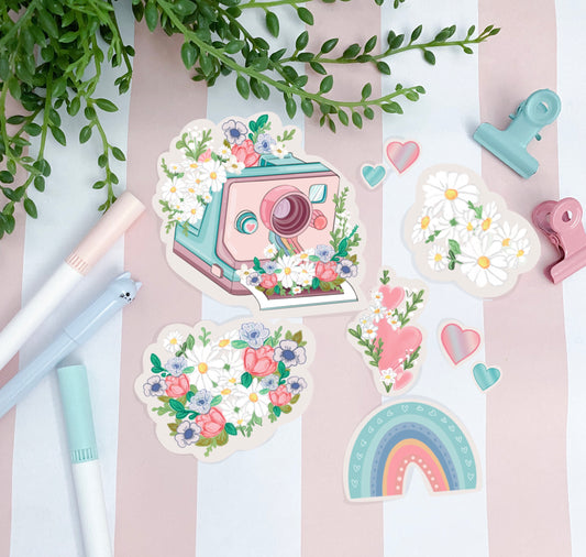 Kawaii instant camera rainbow flower sticker pack.