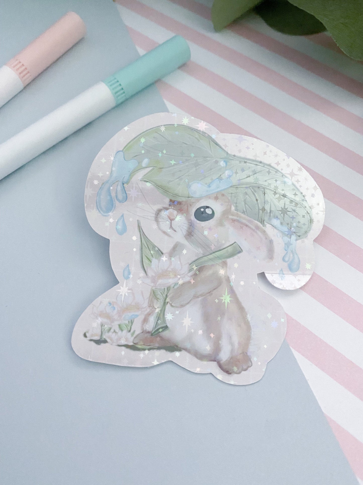 Holographic star Rain drop bunny sticker. Digital Art, Stickers, Kawaii Illustration, Stationary, Magic, aesthetic , bujo bullet journal.