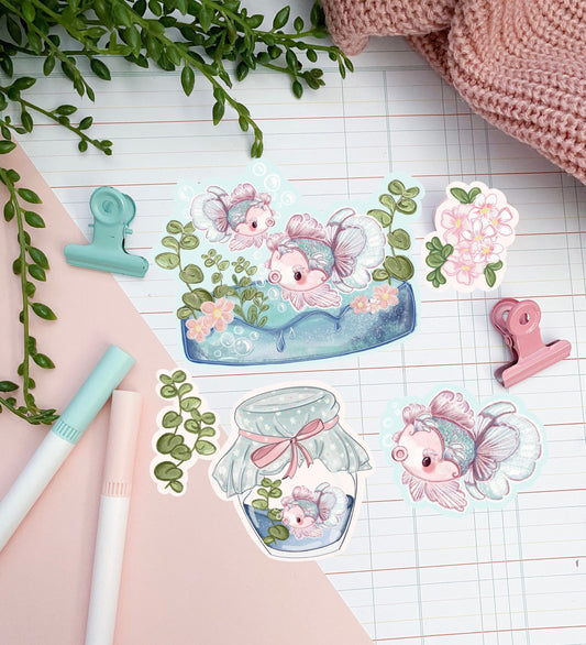 Goldfish kawaii Sticker pack. Cute journal decorations. Stickers for planners. Japanese inspired journaling. Adorable stationery supplies.