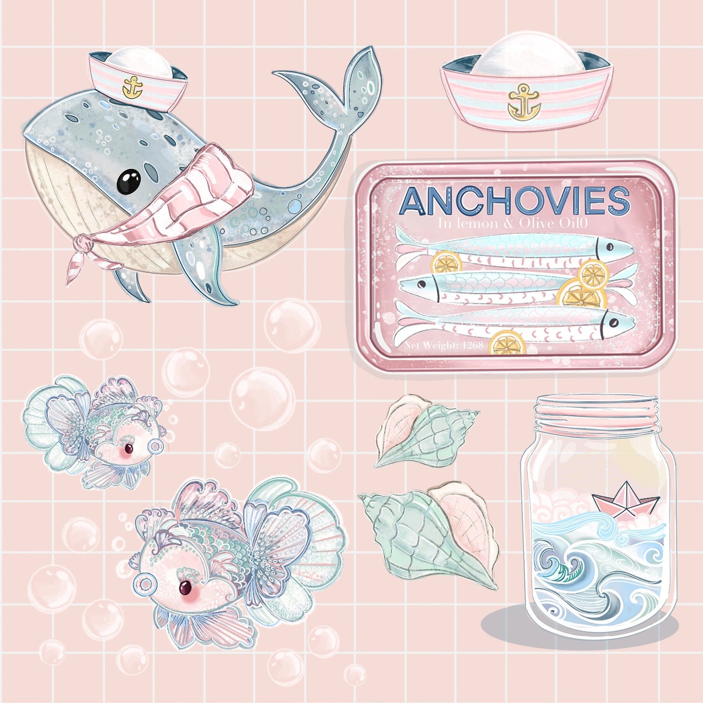 Ocean friends Sticker Pack, Cute sea life journal stickers,  Whale, fish, shell Digital Art, bujo bullet journal. Die cut stickers.