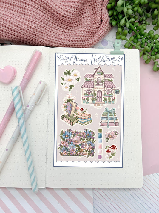 Sticker sheet - Cozy Book shop Booklover, bookworm cottagecore cozy bullet journal stickers. Reading stickers. Delicate stickers. Bookshelf