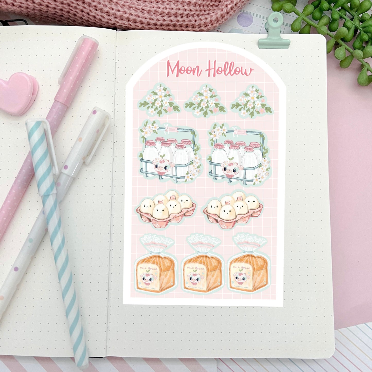 Shopping essentials journal stickers. Food calendar sticker sheet. Diary food shopping essentials. Cute kawaii food stickers