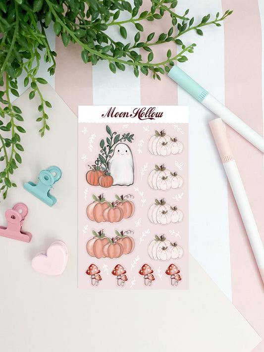Pumpkin Boo planner sticker sheet 1pcs, Digital Art, ghost, Illustration, Kawaii, Stationary, cute, tea, cottagecore, bujo
