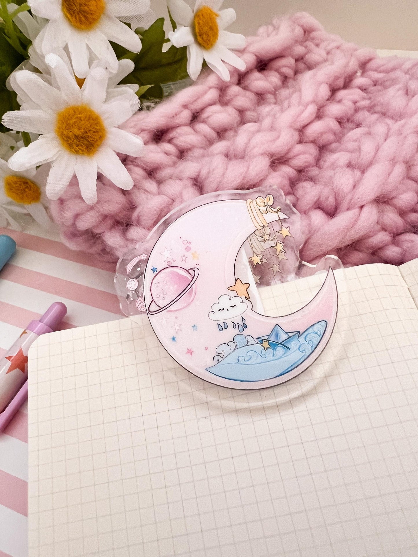 Moon and Stars Acrylic binder Clip | kawaii moon clear acrylic, binder clip, journal, paper, bookmark stationery, office, school.