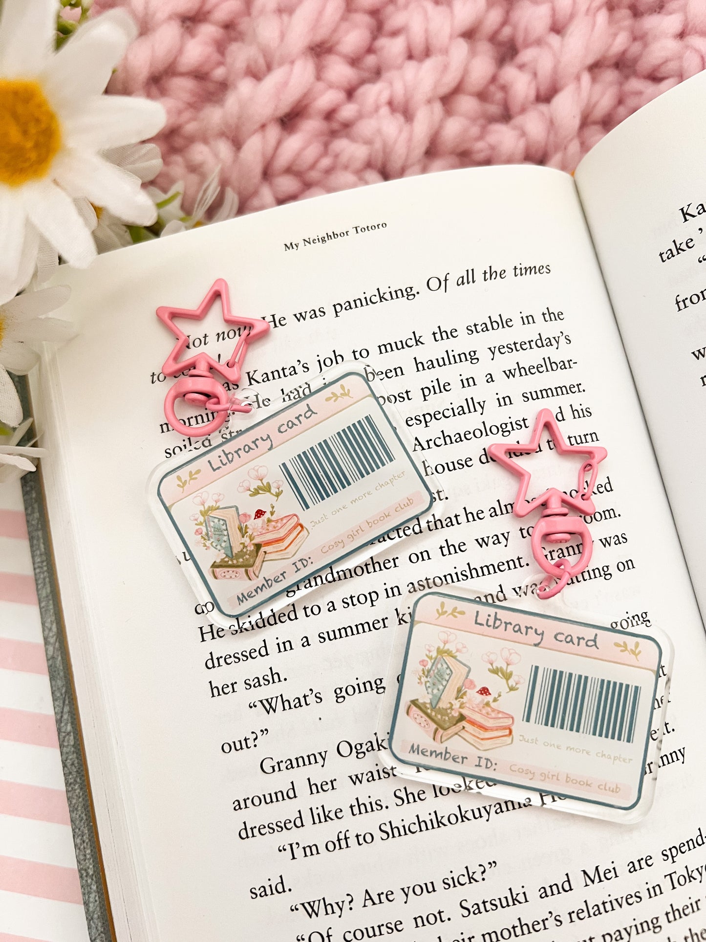 Cozy girl library card acrylic key charm. Cosy bookish gift. Bag charm