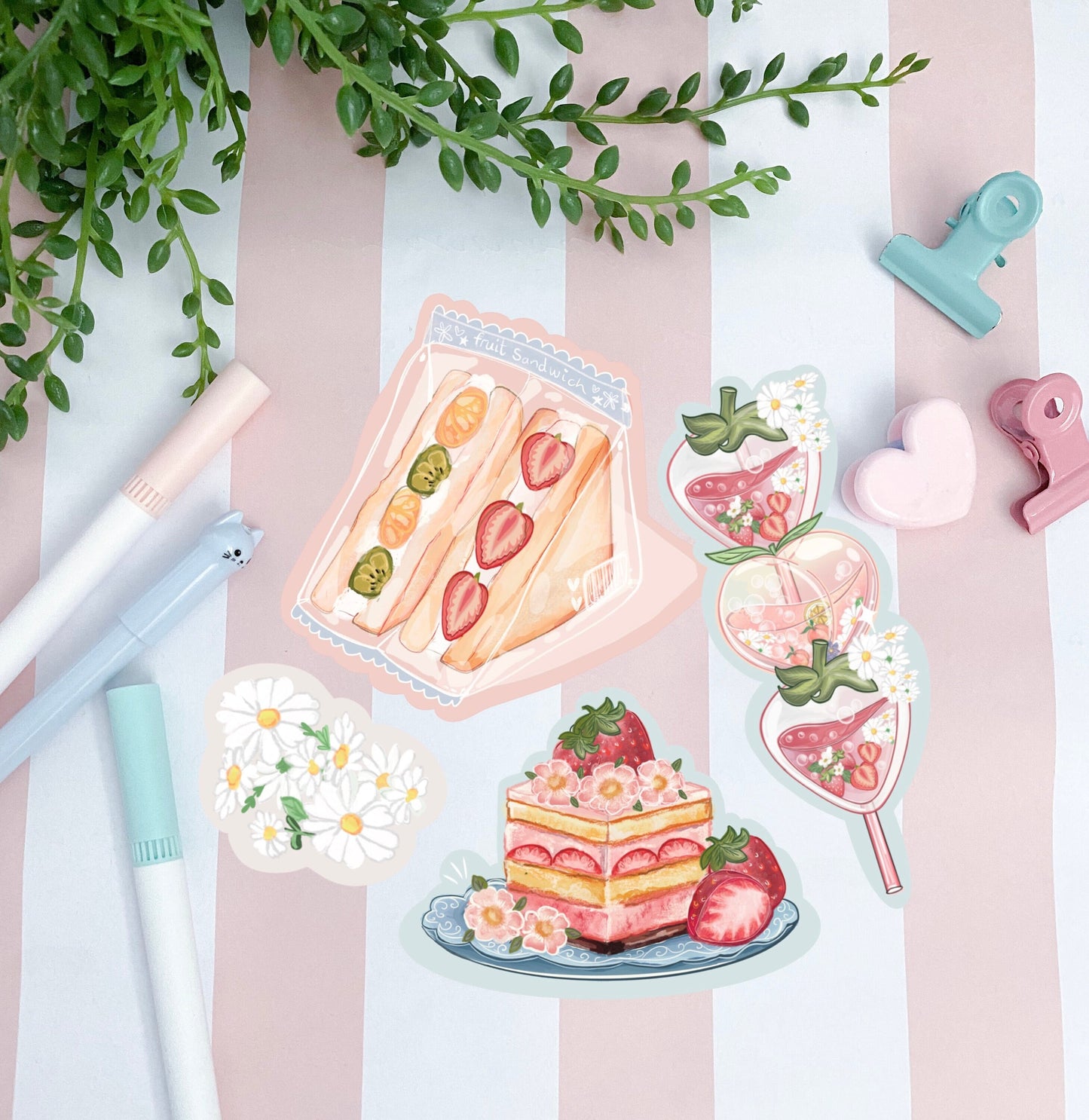 Fruit sandwich strawberry kawaii snacks sticker pack, Digital Art, Stickers, Kawaii Illustration, space, Stationary, bujo bullet journal.
