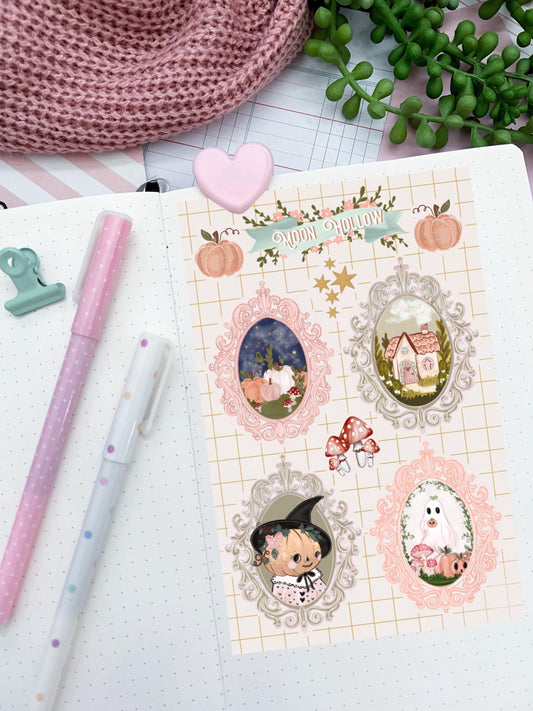Vintage inspired  Halloween, fall, frame sticker sheet, bookworm, cottagecore cozy bullet journal stickers. Delicate stickers.