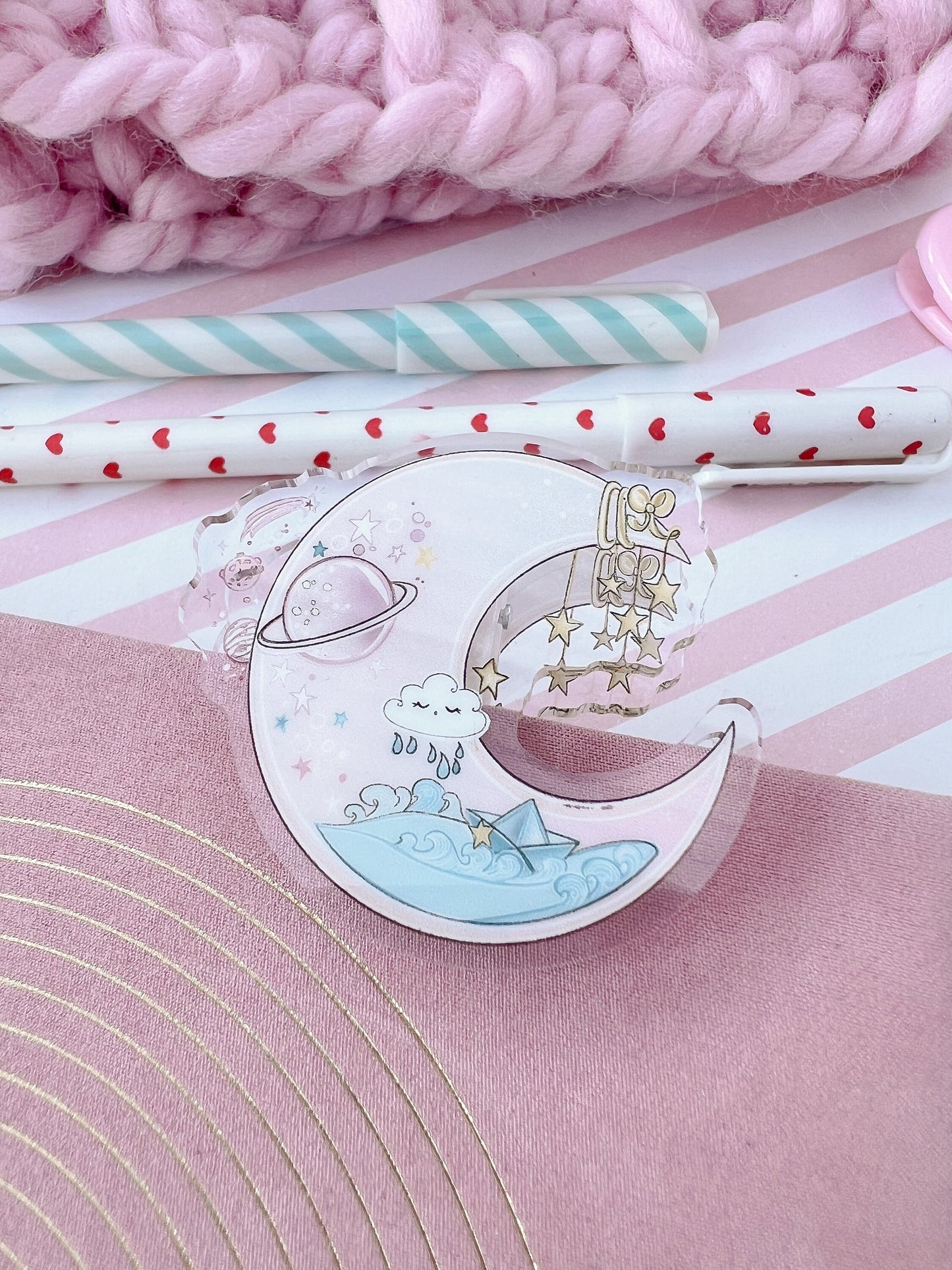 Moon and Stars Acrylic binder Clip | kawaii moon clear acrylic, binder clip, journal, paper, bookmark stationery, office, school.