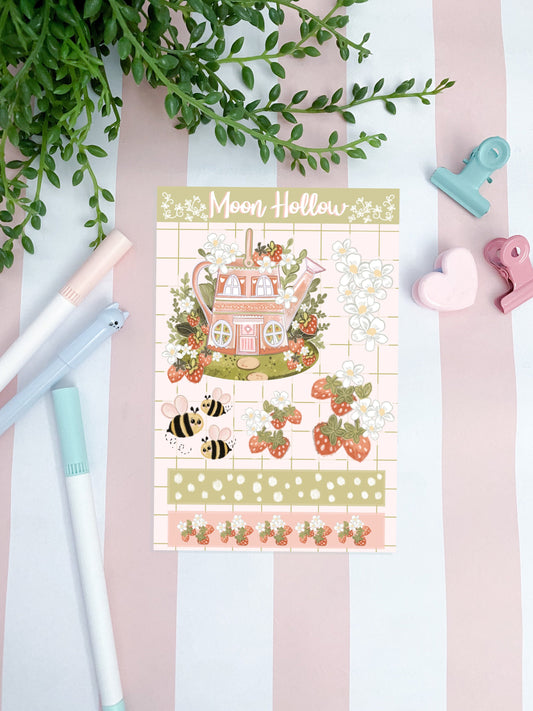Cottagecore strawberry watering can sticker sheet - Digital Art, Stickers, Illustration, kawaii, Stationary, bullet journal, cozy art.