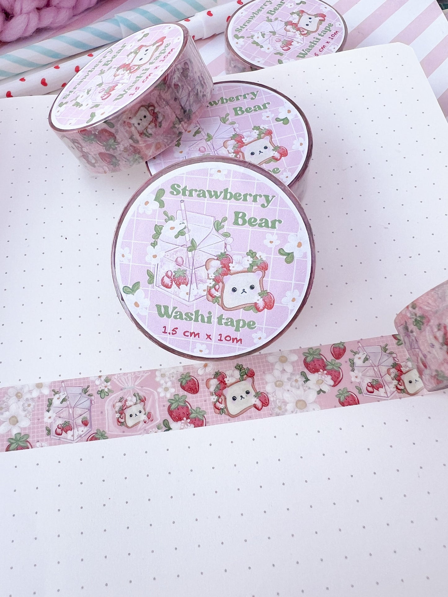 Strawberry bear juice Washi tape /  kawaii  pink juice Washi tape  / Cute kawaii gift stationery. Tape. Notes. Journal, bujo scrapbook.
