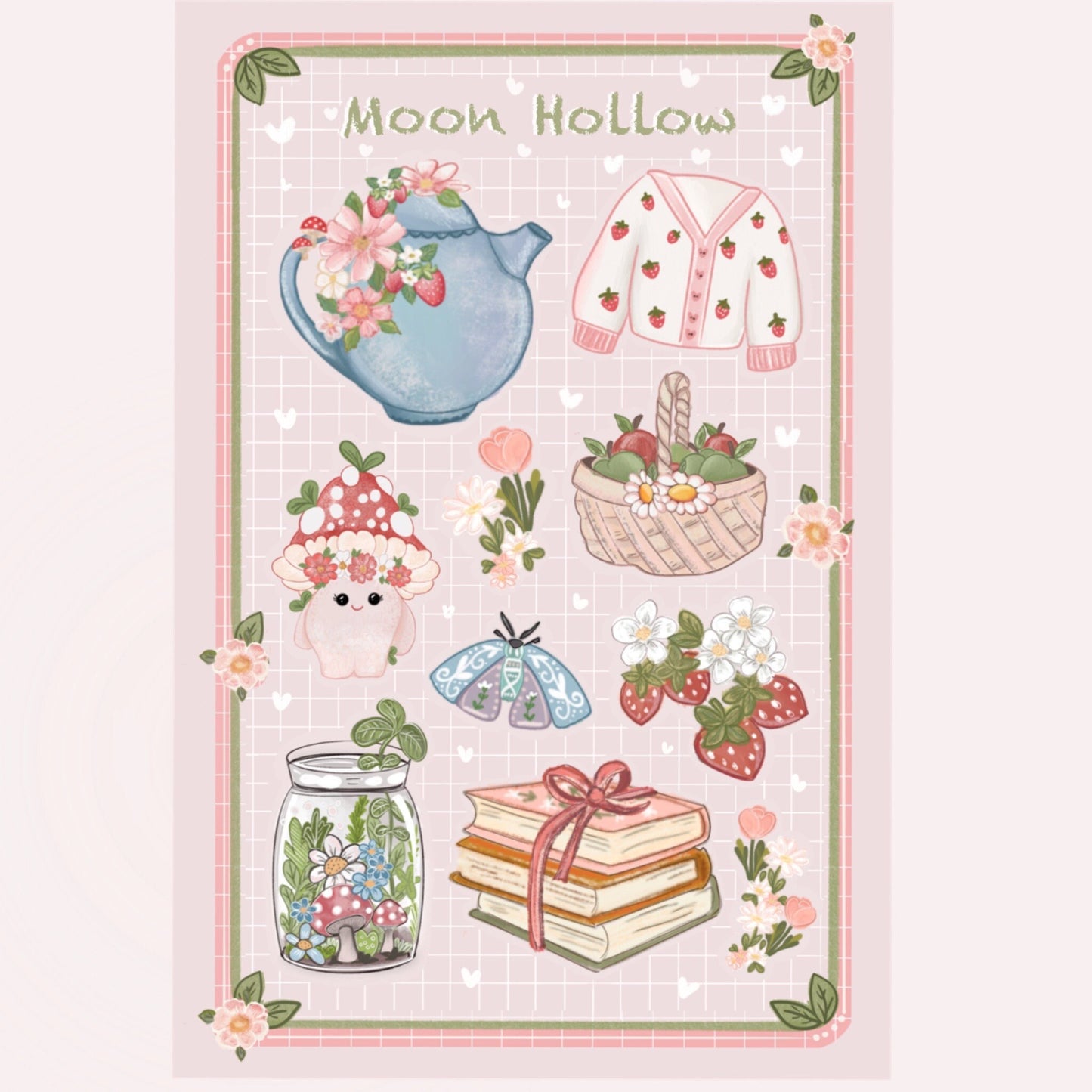 Sticker sheet - Strawberry booklover, cottagecore cozy bullet journal stickers. Reading stickers. Delicate stickers. Toadstool cozy journal.