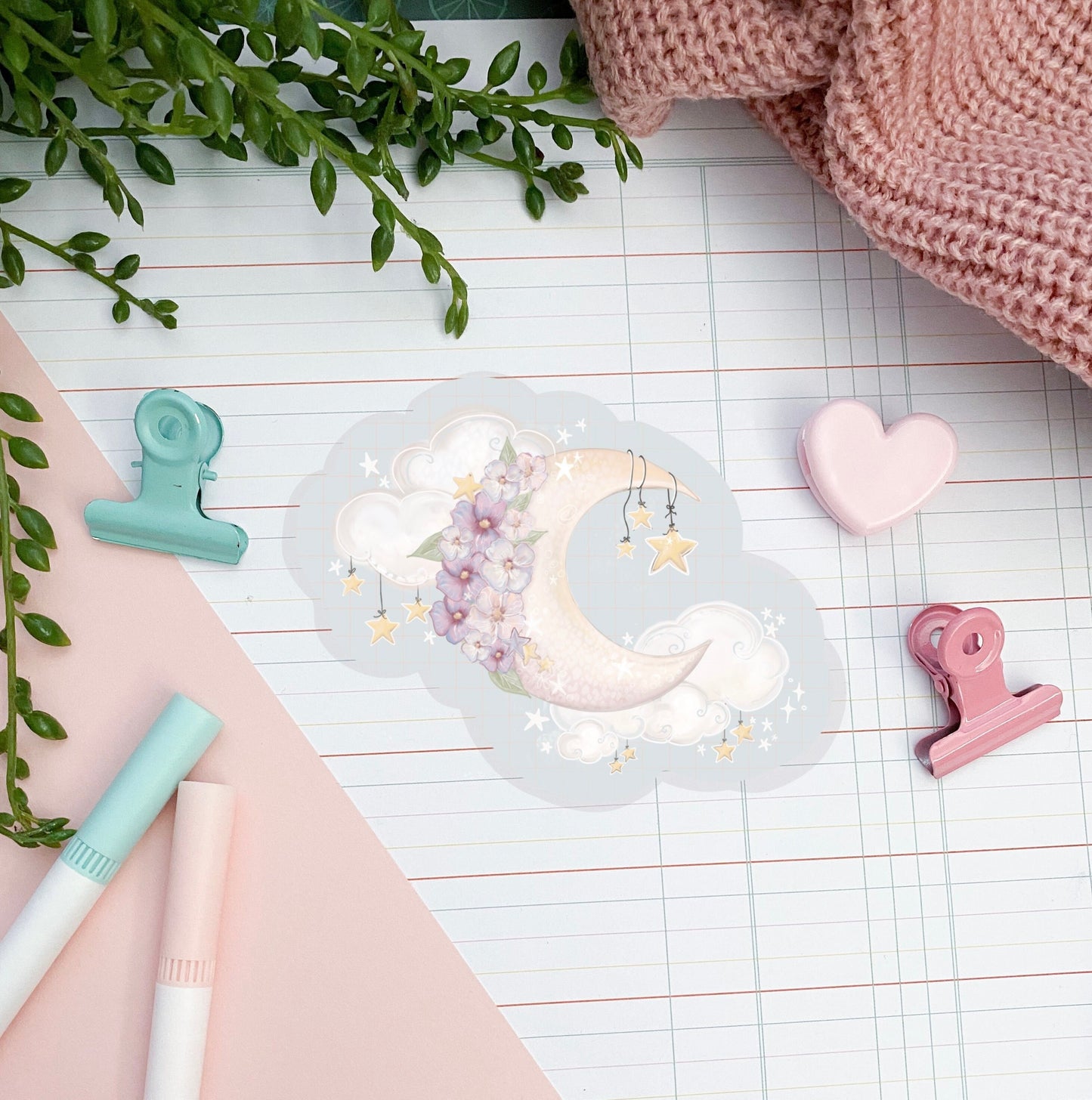 Catch a falling star magic sticker  /  kawaii cute  die-cut sticker/ Digital art, laptop decals. Cute floral moon , bullet journal, laptop,