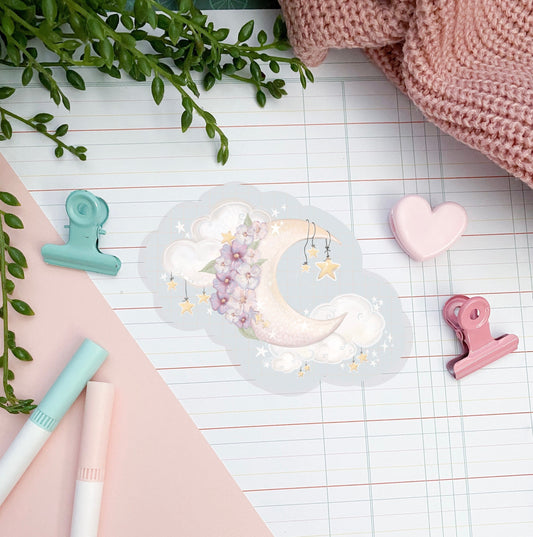Catch a falling star magic sticker  /  kawaii cute  die-cut sticker/ Digital art, laptop decals. Cute floral moon , bullet journal, laptop,