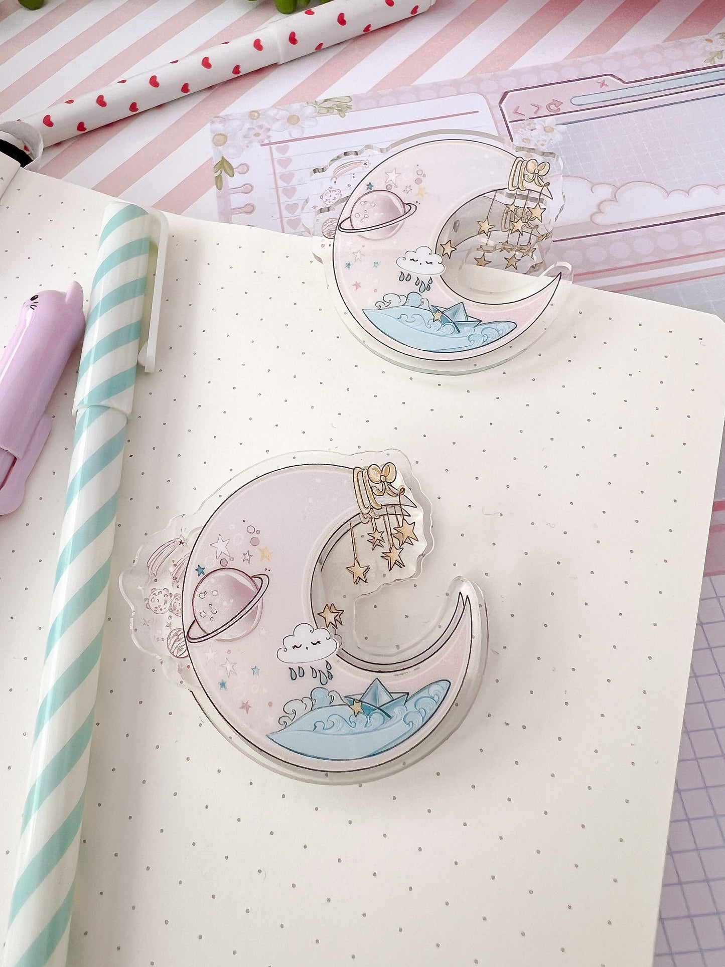 Moon and Stars Acrylic binder Clip | kawaii moon clear acrylic, binder clip, journal, paper, bookmark stationery, office, school.