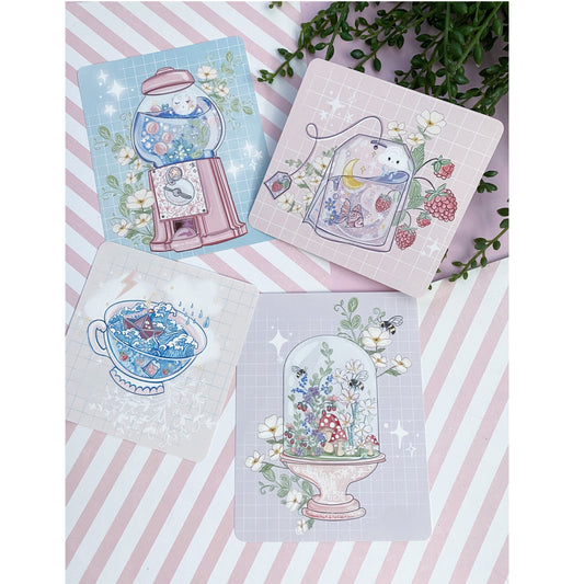 Cute mini Kawaii art print illustration pack. Digital Illustration. Cute kawaii art prints. cottagecore tea, flowers scrapbooking vibes.
