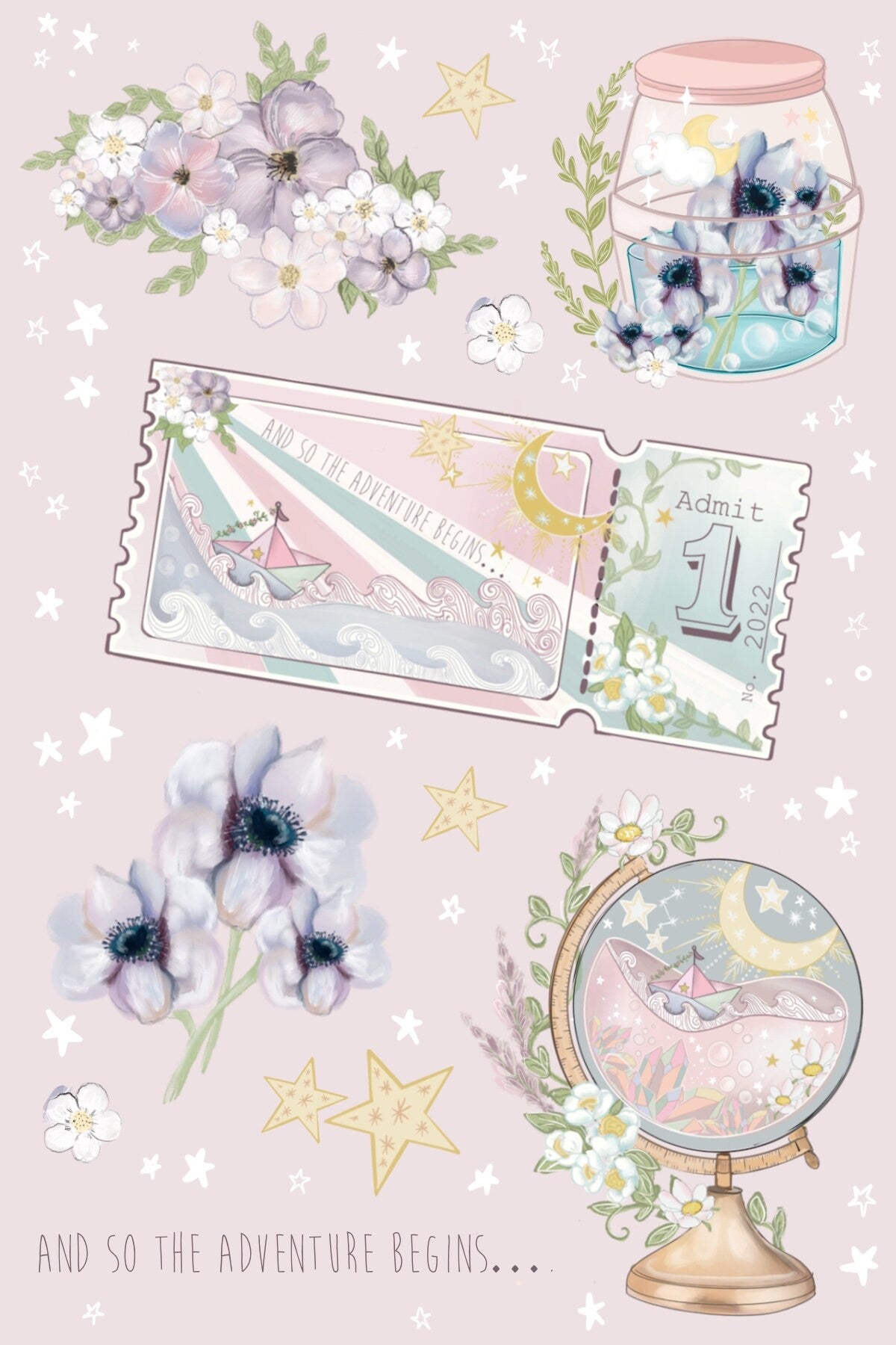 Kawaii adventure new year, bujo, travel sticker sheet.  Digital Art, Stickers, Kawaii Illustration.