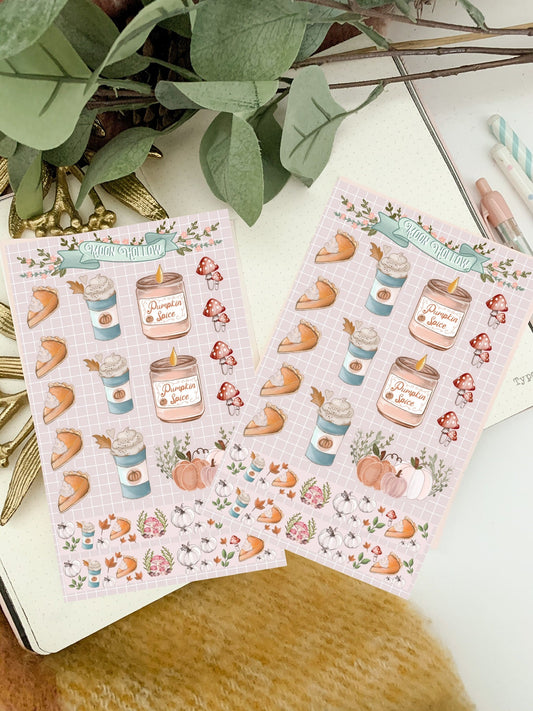 Pumpkin Spice planner sticker sheet washi  1pcs // Digital Art, Pumpkin, Illustration, Kawaii, Stationary, cute, autumn, cottagecore, bujo