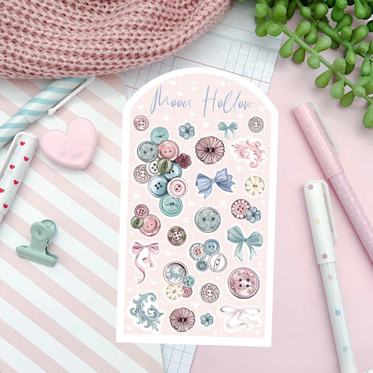 Buttons and bows sticker sheet,  Coquette aesthetic, cottagecore cozy bullet journal stickers. Reading stickers. Delicate stickers. Buttons