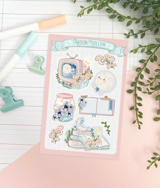 Book lover retro aesthetic sticker sheet, Hand drawn, Stickers, Moon Illustration, journaling, Stationary, Bujo, scrapbook bullet journal.
